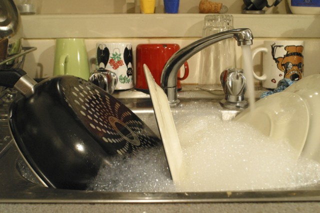 A sink full of dishes.